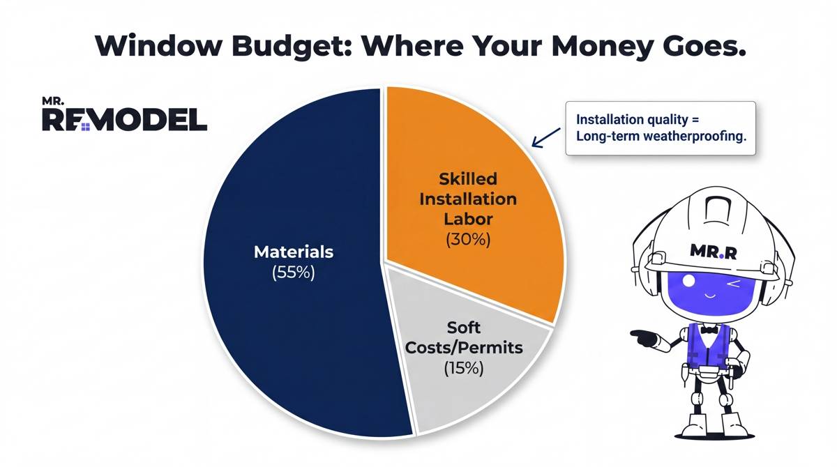 A budget breakdown pie chart showing that skilled installation labor represents 30% of a 2026 window replacement project.